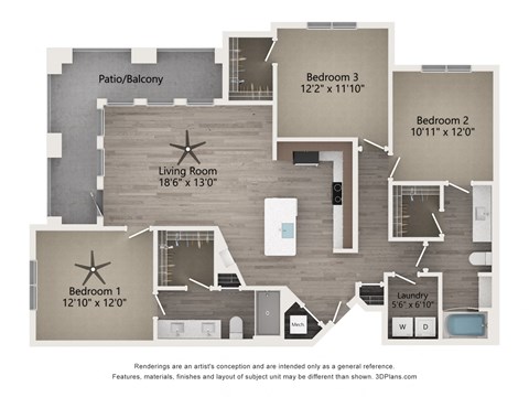 Floor plan for 3 beds, 2 baths, 1422 sqft